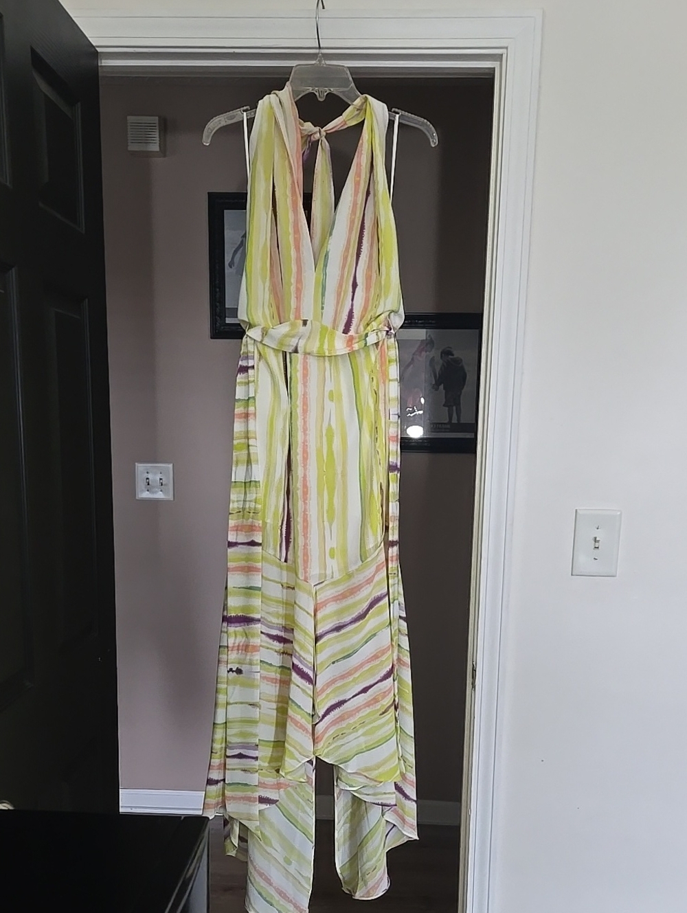 Jennifer Lopez Backless Halter Maxi Dress in Lime Green, Pink, Purple Stripes
